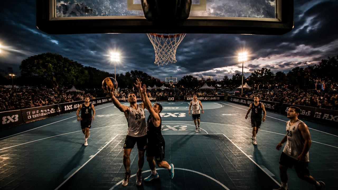 3x3 basketball court action from behind the rim